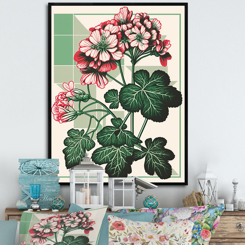 «Geranium florissant en couleurs rétro I», art mural sur toile florale, Toile avec cadre flottant noir
