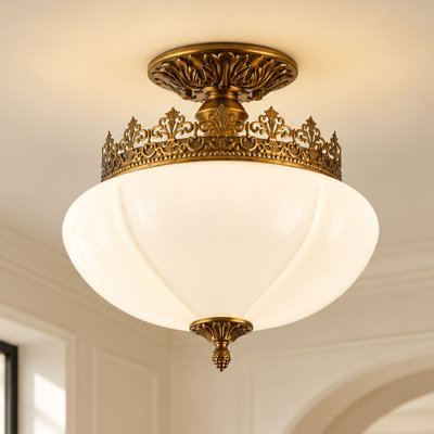 Plafonnier encastré rétro à 3 lumières avec abat-jour en verre blanc opale QLIGMIK et ornements décoratifs dorés pour le couloir et l'entrée