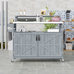 Rolling Outdoor Grill Cart with Raised Wood Shelf, Stainless Steel Countertop and Adjustable Shelves