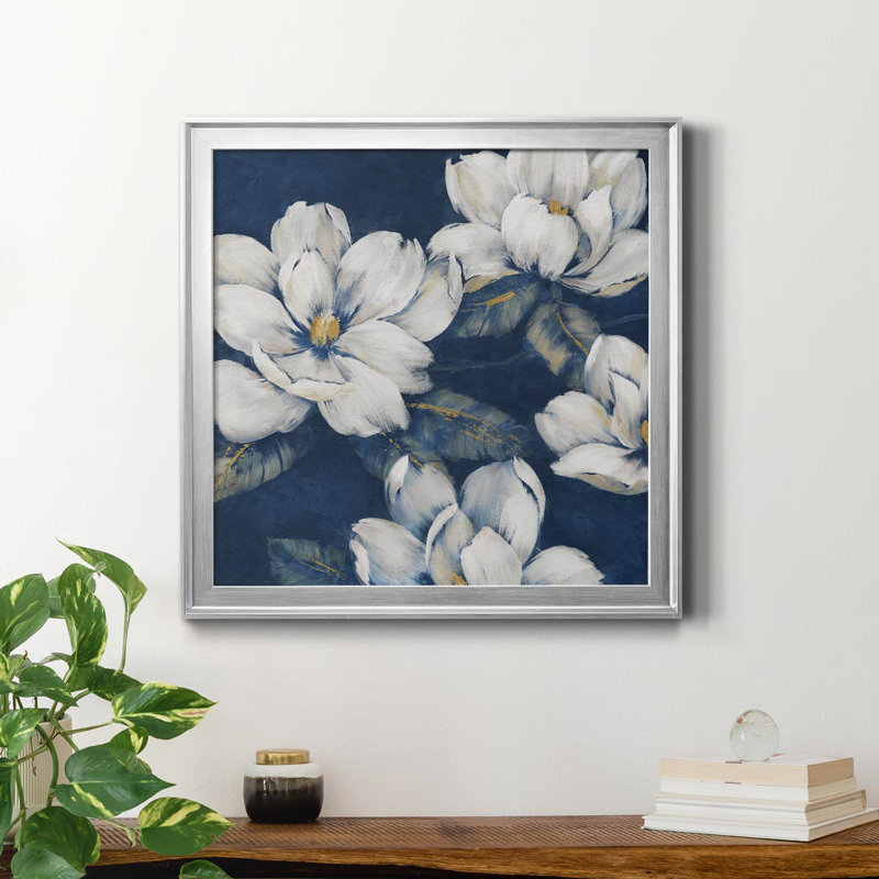 " Magnolias Indigo " Painting Print, Silver, 26.5" H x 26.5" W x 1.5" D