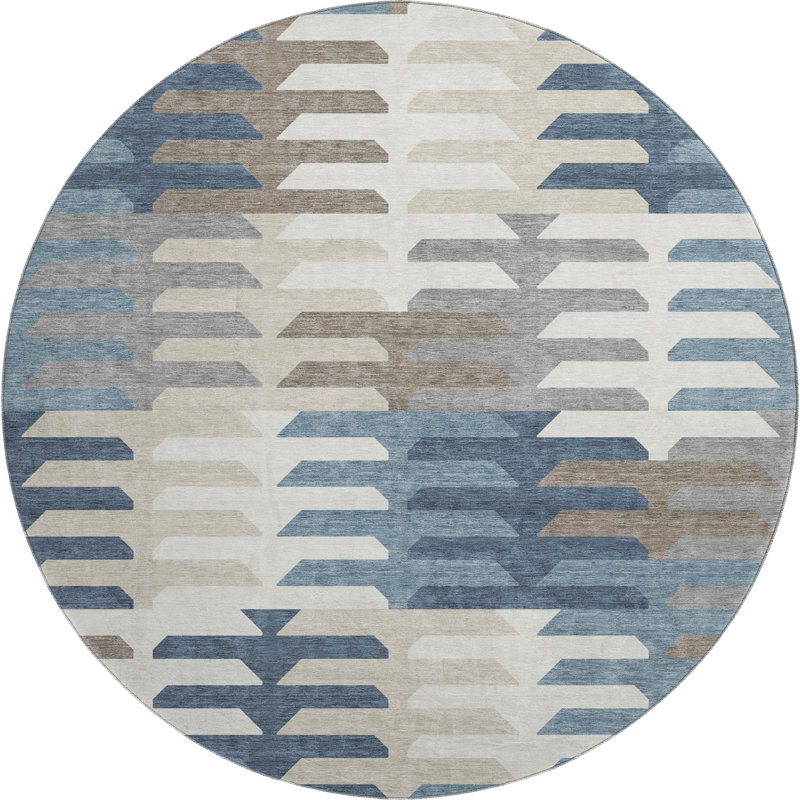 Premium Machine Washable Mayfield AMF2328 Geometric Rug, Denim, 8' Round