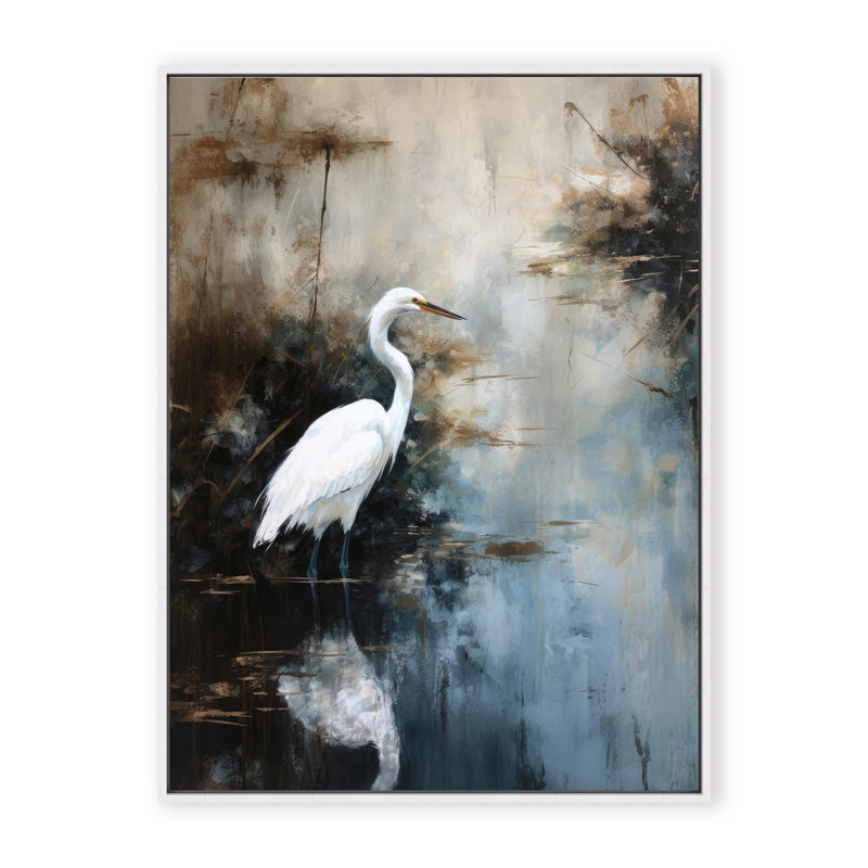 Nature Inspired Egret In Lake, 40" H x 30" W x 1.125" D, Framed Matted Print, Beige