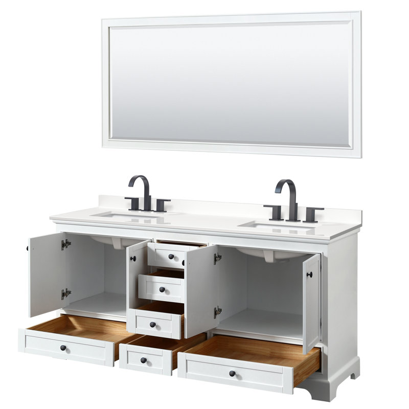 Ensemble de meuble-lavabo double autoportant 80 po avec plateau en quartz Deborah, Blanc, Or brossé, Quartz blanc