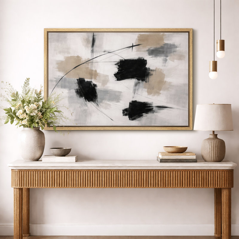 Œuvre d'art abstrait noir et beige, salon moderne, impression sur toile encadrée, 24" H x 36" W x 1.5" D, Natural Frame