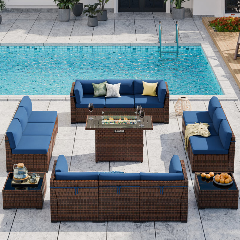 12 Person Outdoor Rattan Modular Sectional Seating Group with Firepit Table, Navy, 12