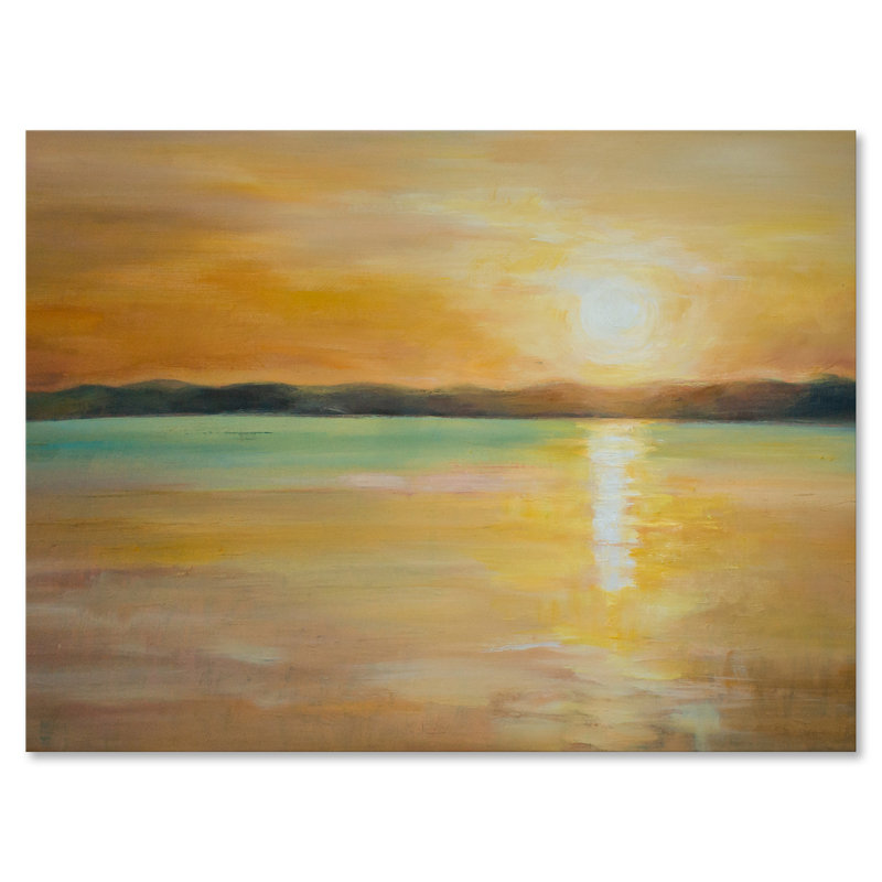 Coucher de soleil jaune à l'horizon - Peinture sur toile, H 30 po x l 40 po x 1,5 po, Toile tendue