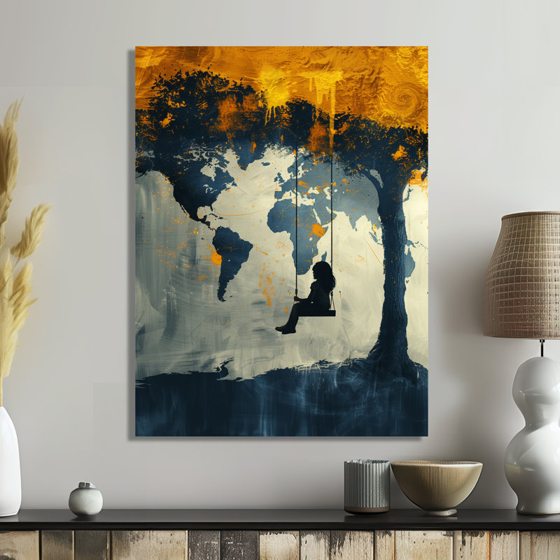 Jaune jaune noir carte du monde aire de jeu Silhouette II - carte du monde décoration murale, Sans cadre, métal