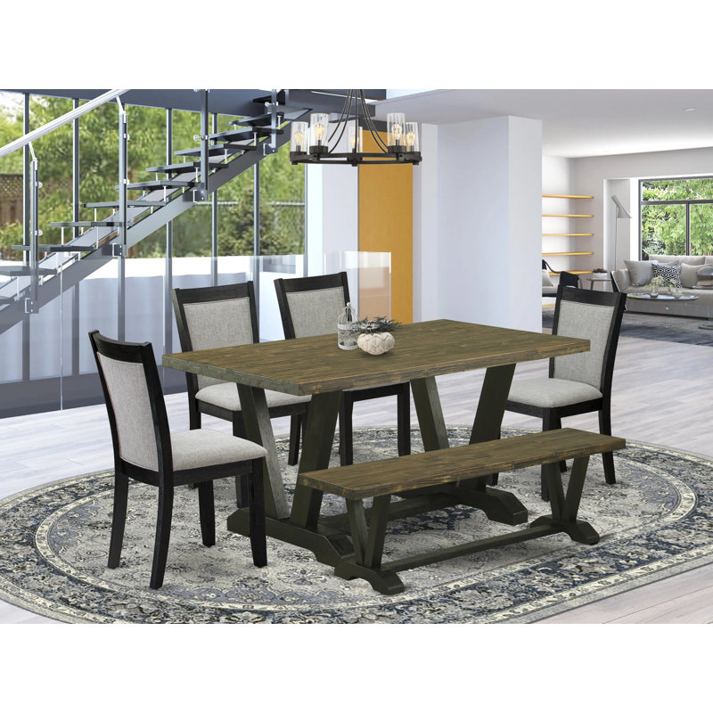 The 6-piece dinette set consists of a distressed Jacobean dining room table a kitchen bench and 4 shitake linen fabric parson dining chairs with high back - wire brushed black finish
