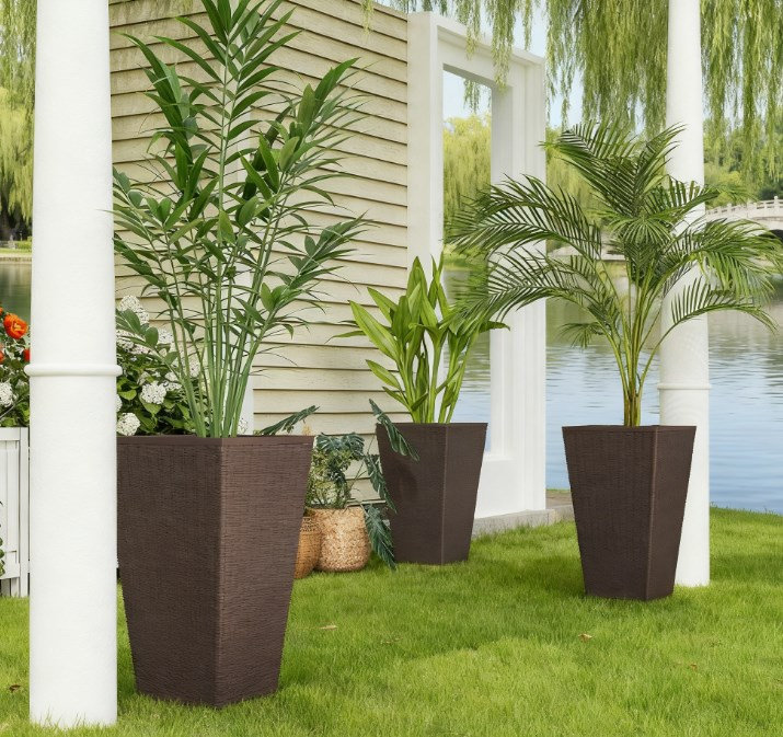 Hauts pots à fleurs d'intérieur et d'extérieur, ensemble de 3 pots à plantes avec trous de drainage, Brun