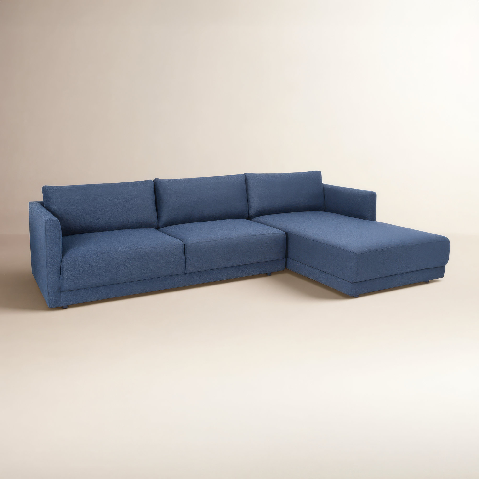 Kayden Upholstered Chaise L-Sectional, Dark Blue Linen Blend, Right Hand Facing