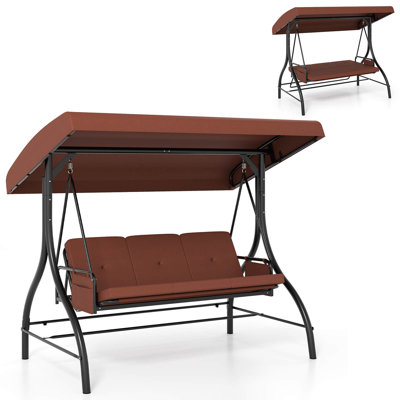 3-Seat Patio Swing with Canopy with Removable Cushions & Side Pockets Stand