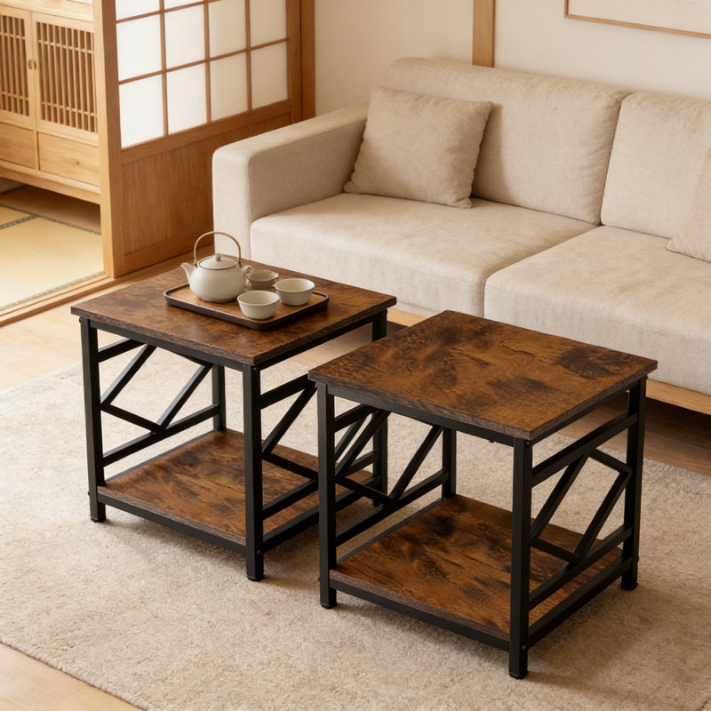 Table de bout industrielle avec rangement, table d'appoint robuste à 2 niveaux pour mini réfrigérateur, refroidisseur de boissons, bureau, dortoir, appartement et chambre à coucher - Finition brun rustique