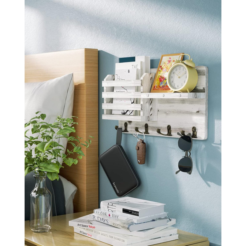 Ramari Wall Organizer with Key Hooks, White, 7.87cm H x 20cm W x 38.1cm D