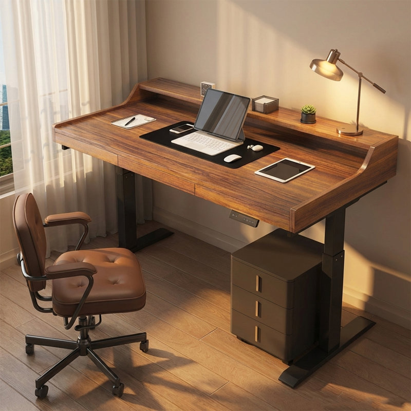 Bureau à simple tiroir brun à plateau relevable, H 31,89 po x l 62,99 po x P 23,62 po