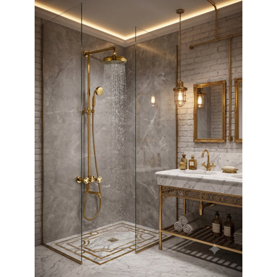 Ensemble de système de douche industriel victorien exposé doré poli