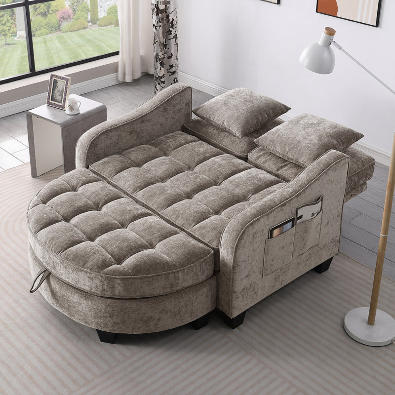 Chenille 2-seater Sofa, Double Sofa Chaise Longue, Brown