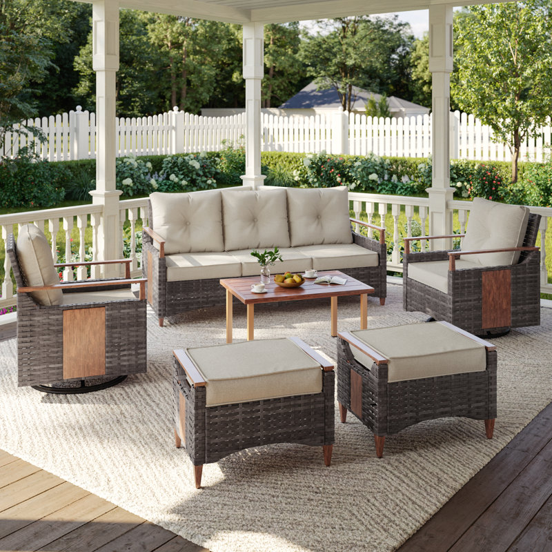 Melvarn 5-Person Outdoor Furniture Set Wicker Swivel Glider Chairs Patio Conversation Sets With Cushions, Beige