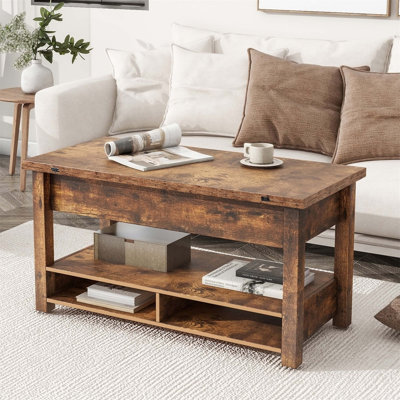 Table basse à plateau relevable, table basse multifonctionnelle avec tablettes ouvertes