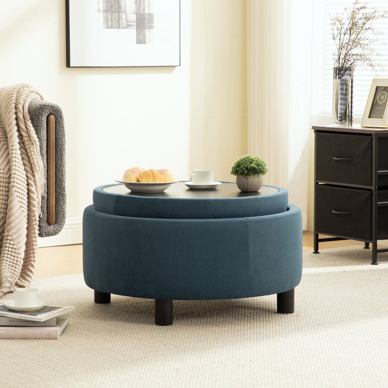 29.33"W Upholstered Round Ottoman, Blue