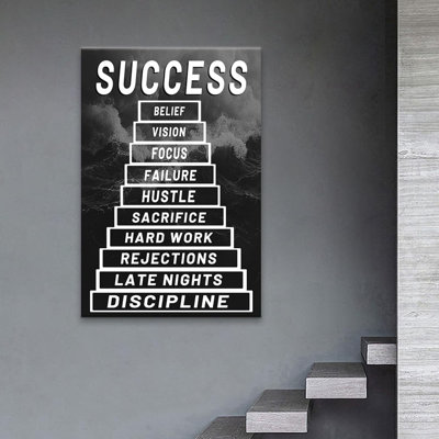 Large Success Steps Motivational Canvas Wall Art Framed Inspirational Quote Poster For Meeting Room Office Workspace Modern Hustle Culture Wall Decor Masterpiece 36X24 Inch