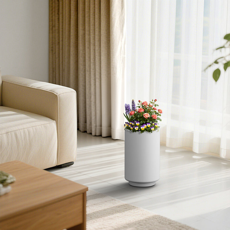 Pot à fleurs cylindrique en béton blanc moyen 15,5 "H avec trou de drainage pour l'intérieur et l'extérieur, Blanc perle