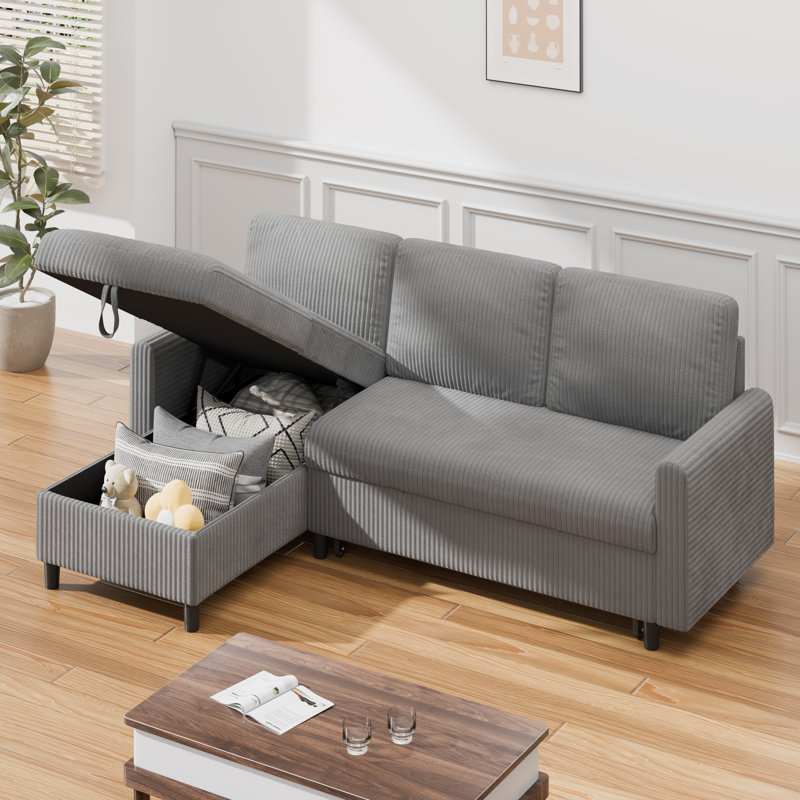Ashleh 79" L-Shaped Sectional  with Ottoman, Light Gray Cotton Blend
