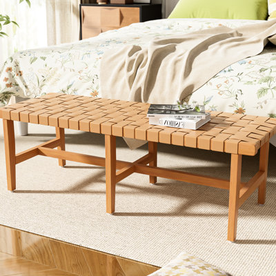 Banc en bois avec similicuir tissé pour siège de chambre à coucher et repose-pieds, poids léger - chambre de 18,76 lb, grand accent de 53,48 po de profondeur, 16,55 de largeur,