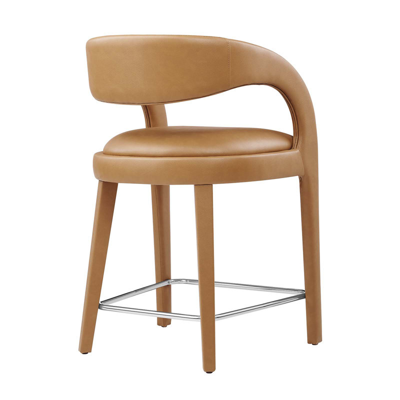 Tan Vegan Leather and Wood Counter Stool Set with Metal Footrest
