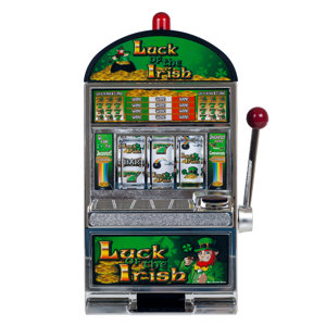 Luck of the Irish Slot Machine Bank with Chrome Bevel and Tray, Spinning Reels, and Flashing Light Casino Game