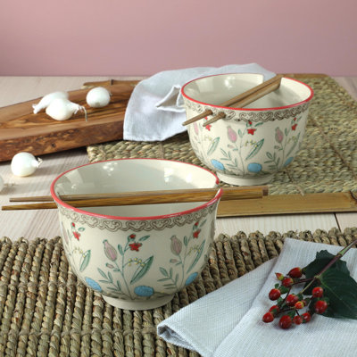 Ella Ramen Bowls Set with Chopsticks |Red | Service for 2