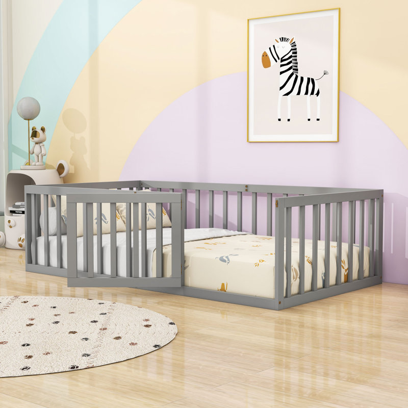 Wooden Floor Bed With Guardrails And Door, Gray