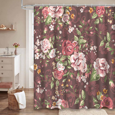 Waterproof Brown Elegant Fashion Bath Vintage Floral Dress Shower Curtain with 12 Hooks