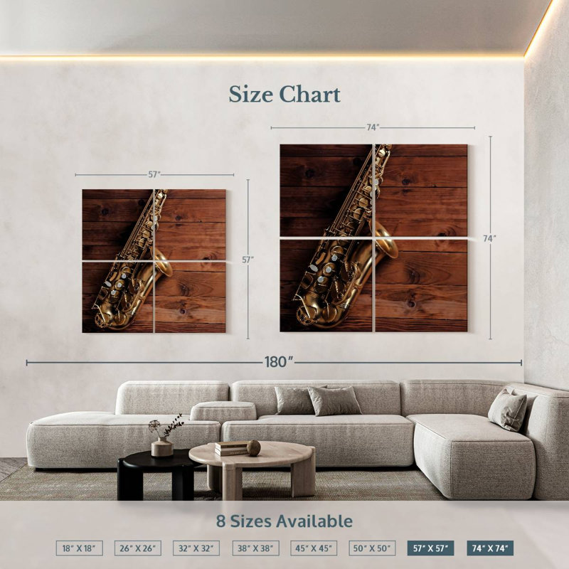 Saxophone sur bois, H 57 po x l 57 po