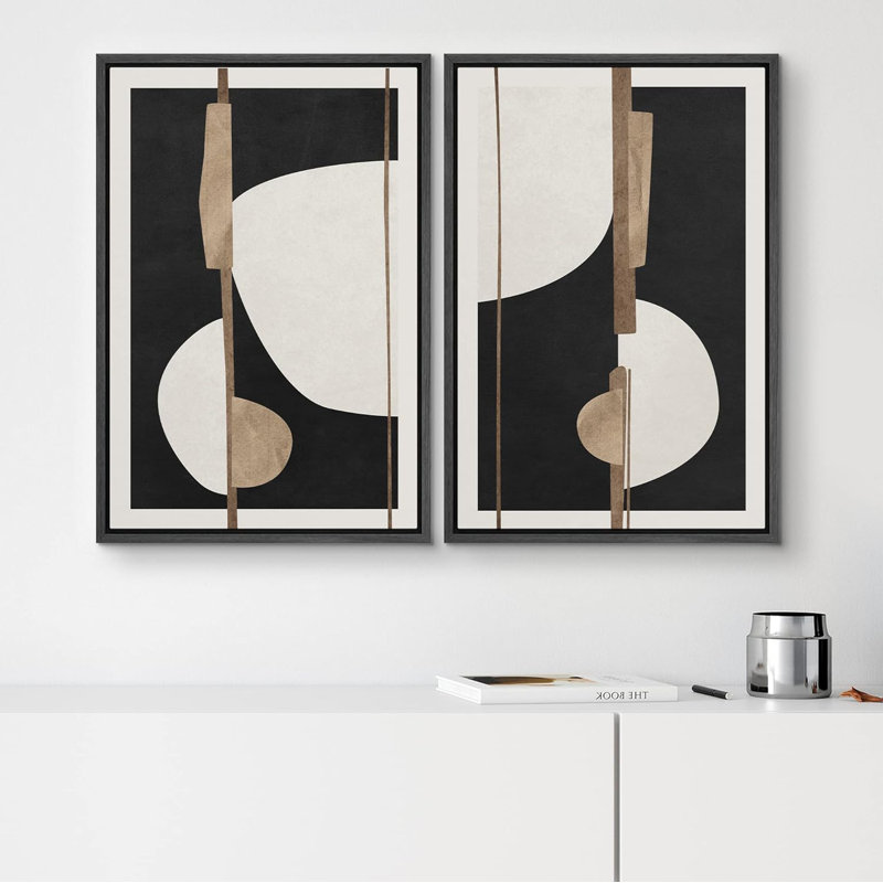 «Black & White Leaf Silhouette And Lines», 2 pièces sur toile, Cadre noir, H 24 po x l 36 po