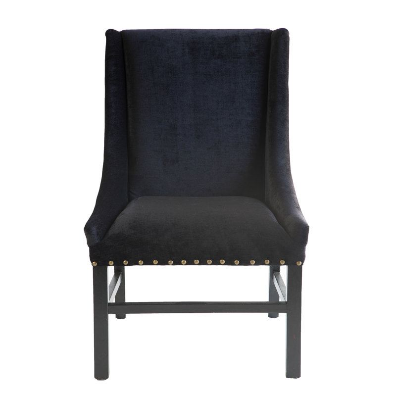 Ensemble de 2 fauteuils à oreilles à oreilles, garniture cloutée en bois de chêne gris, Mélange de polyester noir