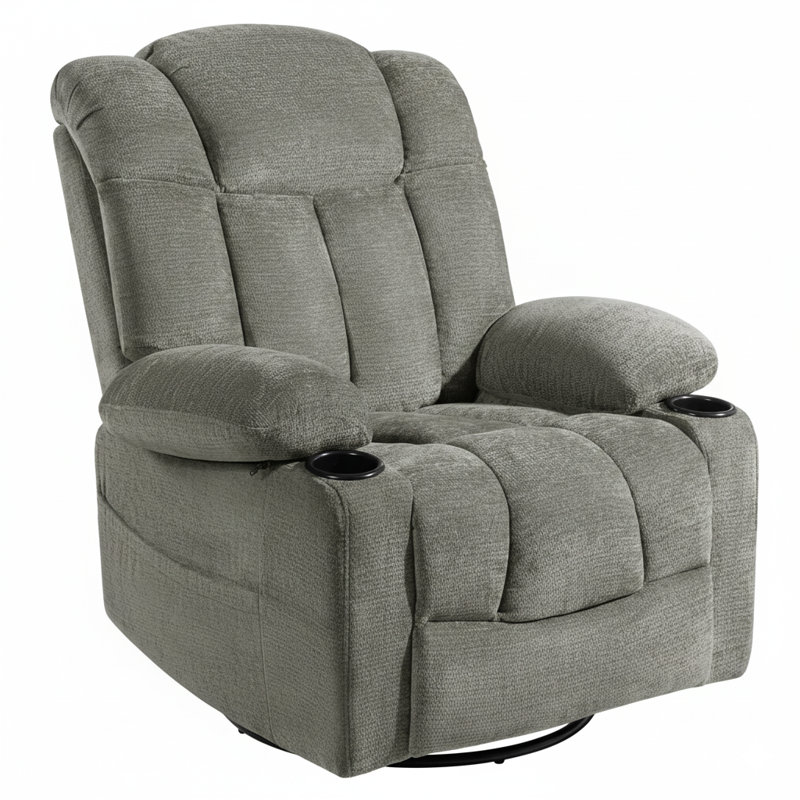 29" Wide Compact Chenille Recliner Chair with Swivel Base and Cup Holders, Gray
