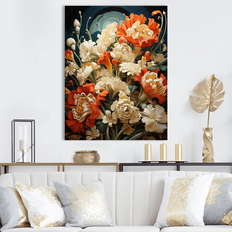 Orange orange Popart Flowers Bouquet - Floral Wall Art Prints_105824, H 40 po x l 30 po x P 1,5 po, Toile tendue
