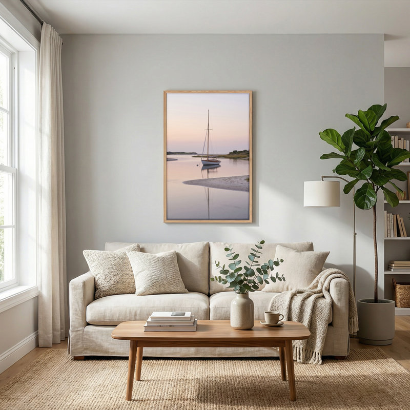 Ensemble de 1 tableau sur toile représentant un coucher de soleil sur un voilier, H 48 po x l 32 po, Naturel