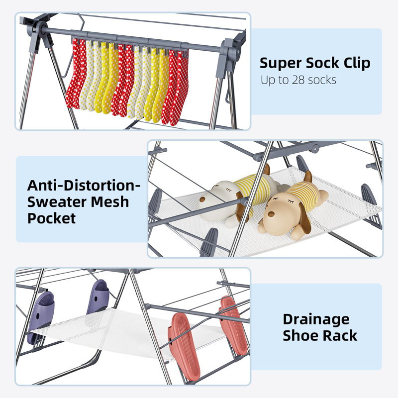 Clothes Drying Rack, Foldable 2-Level Laundry Racks For Drying Clothes Rack,Stainless Steel Drying Rack Clothing Collapsible For Indoor Outdoor,With Height-Adjustable Wings,33 Drying Rails,(Grey)