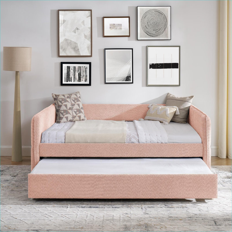 Canapé-lit capitonné double capitonné avec couchette escamotable Boucle, finition rose Boucle