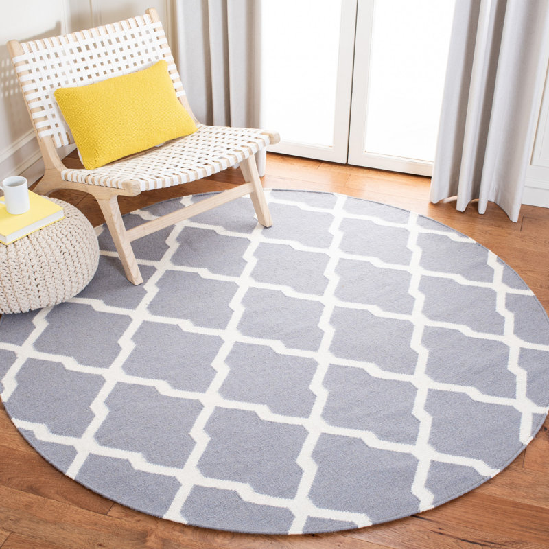 Rodgers Hand Woven Flat Weave Wool/Cotton Geometric Rug in Gray, Round 6'