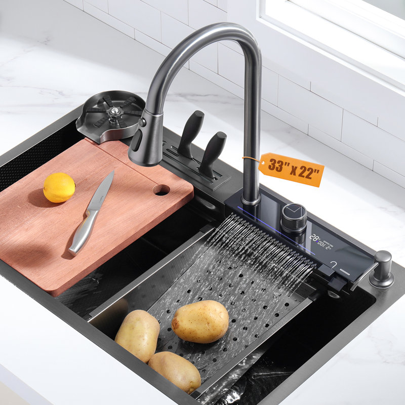 Lefton 33"x22" 304 Stainless Steel Kitchen Workstation Sink with Pull-down Faucet, Grey, KS2205L