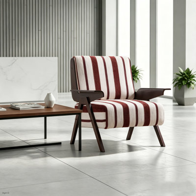 Fauteuil d'appoint Mid-Century à rayures, fauteuil ergonomique avec structure en bois, fauteuil de réception en tissu respirant avec coussin à ressorts pour le salon et la réception