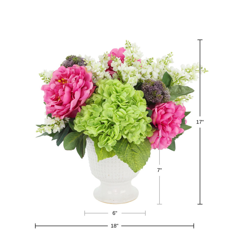Peonies, Hydrangeas and Lilacs Arranged in Ceramic Vase