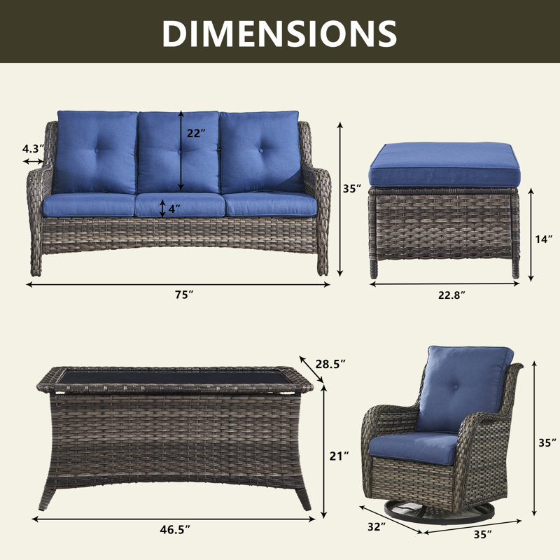 5 - Person Patio Conversation Set with Cushions, Blue, Gray