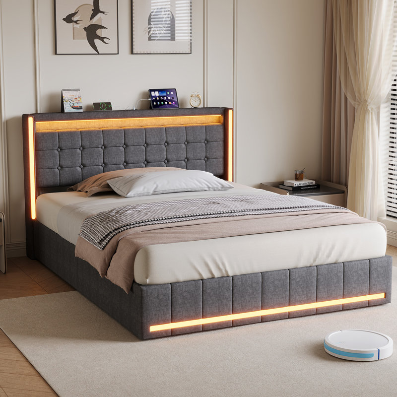 Upholstered Storage Bed with LED Headboard and Drawers, Kingsize (5'), Grey