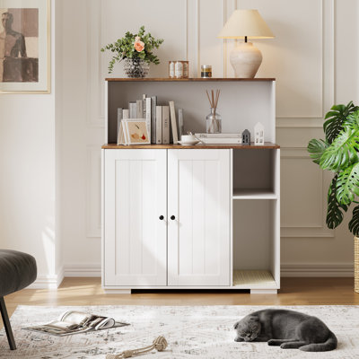 Extra Large Modern Cat Litter Box Enclosure Furniture – Dog-Proof Cabinet with Adjustable Storage Shelf, Scrape-resistant Pad, Built-in Charging Station – Indoor Cat House – White