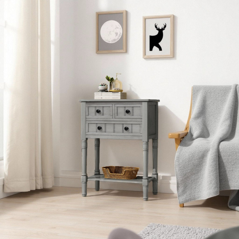 23.7" Wide 3-Drawers Buffet Table, Retro Sideboard with Bottom Shelf, Gray Washed