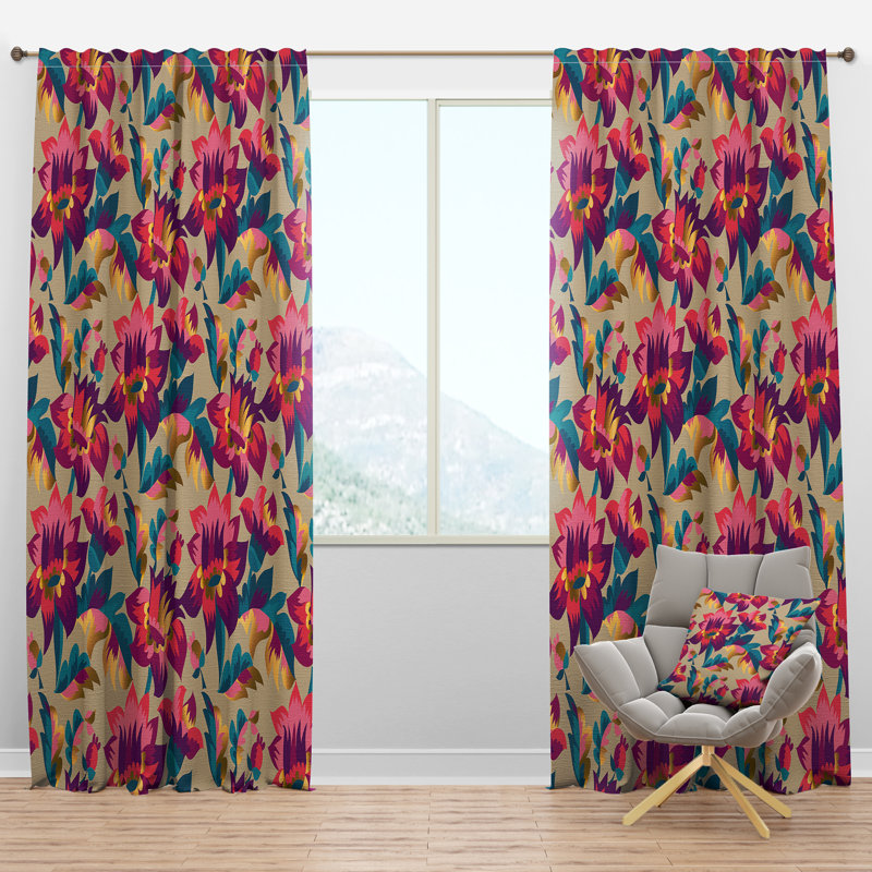Élégant motif floral dessiné à la main - panneau de rideau simple semi-transparent abstrait Mid-Century, l 52 po x L 84 po