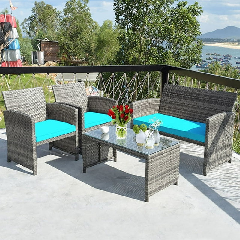 4 - Person Patio Conversation Set with Cushions, Turquoise